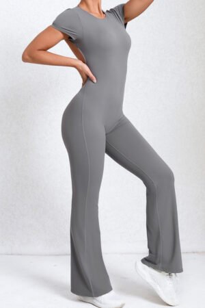 Women Short Sleeve Big Backless One Piece Flare Tight Nude Outfit Fitness Sports Yoga Bodysuit