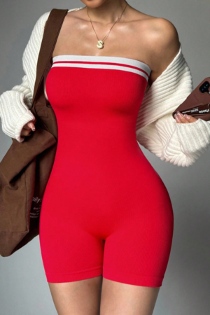 Women's Contrast Stripe Neckline Strapless Slim-Fit Romper