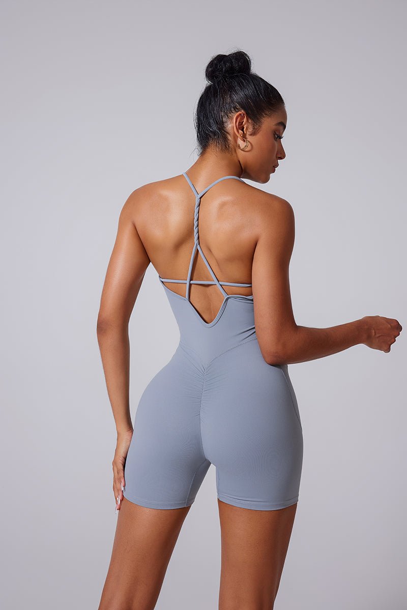 Women'S Twist Rope Knotted Backless Pleated V Waistline Shorts Bodysuit