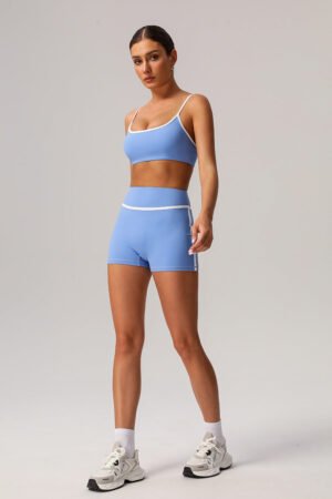 Women White Piping Yoga Sports Bras With Sports Shorts