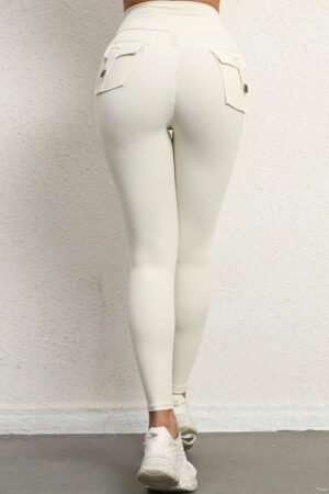 Women Button Work Pocket High Waisted Hip Lifting Stretchy Skinny Yoga Running Fitness Pants